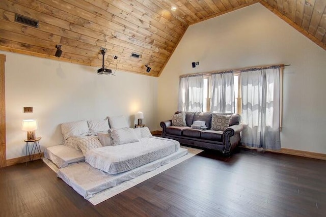 bedroom with wood ceiling, dark wood-type flooring, and high vaulted ceiling