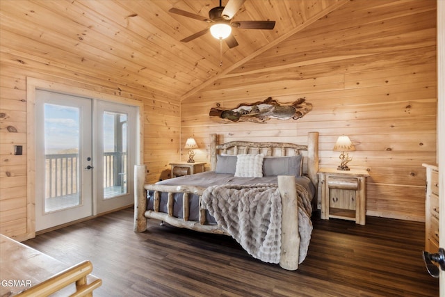 bedroom featuring lofted ceiling, ceiling fan, access to exterior, wooden ceiling, and french doors