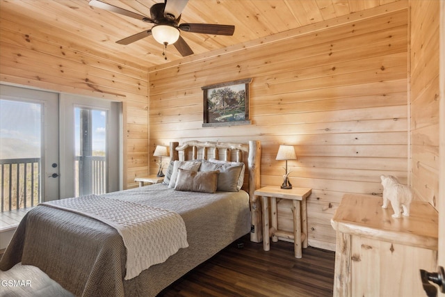 bedroom featuring french doors, wood ceiling, access to outside, dark hardwood / wood-style floors, and ceiling fan