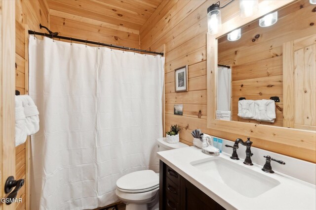 bedroom with wood ceiling, ceiling fan, and wooden walls