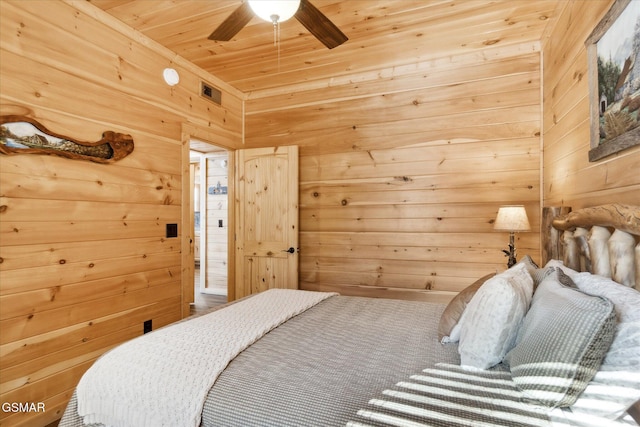 bedroom featuring wood ceiling, ceiling fan, and wooden walls