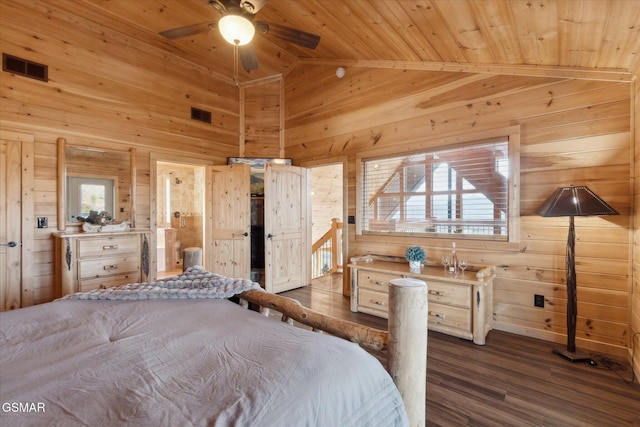 bedroom featuring dark wood-type flooring, wooden ceiling, and wood walls