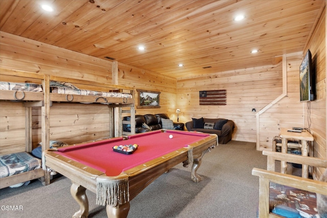 recreation room with wood ceiling, pool table, carpet floors, and wood walls