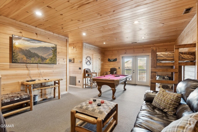 rec room featuring wood walls, billiards, light colored carpet, wood ceiling, and french doors