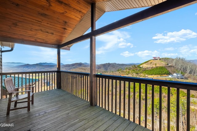 wooden deck with a mountain view