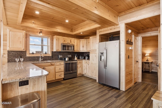 kitchen with dark hardwood / wood-style floors, a raised ceiling, stainless steel appliances, light stone countertops, and light brown cabinets