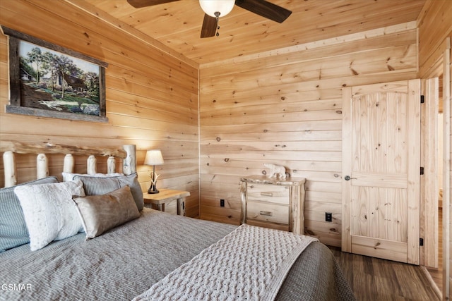 bedroom featuring wood-type flooring, wooden walls, wood ceiling, and ceiling fan