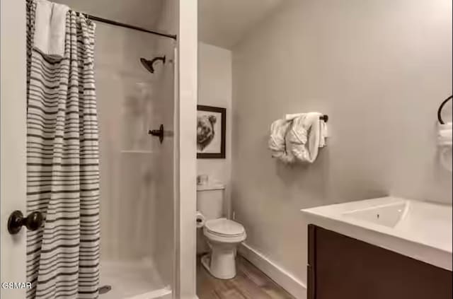 bathroom featuring wood finished floors, a stall shower, vanity, and toilet