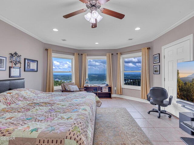 498 Proffitt Ridge Rd, Mooresburg, TN 37811 - bedroom with light tile patterned flooring, recessed lighting, ceiling fan, and ornamental molding