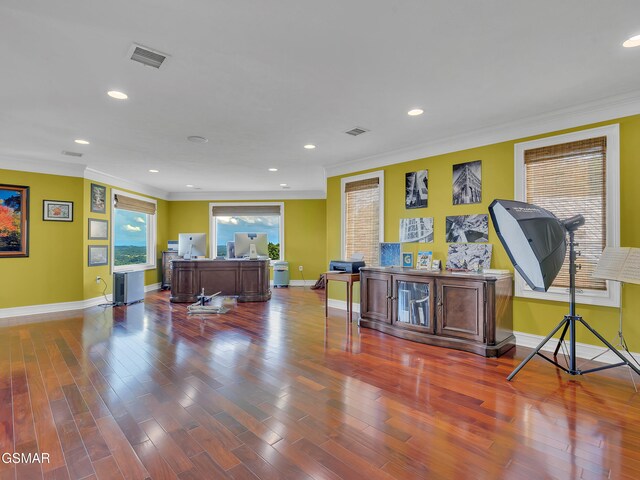 498 Proffitt Ridge Rd, Mooresburg, TN 37811 - office area featuring ornamental molding, recessed lighting, and wood finished floors