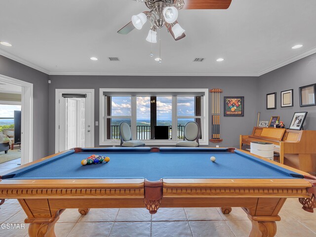498 Proffitt Ridge Rd, Mooresburg, TN 37811 - game room featuring billiards table, a ceiling fan, healthy amount of natural light, crown molding, and recessed lighting