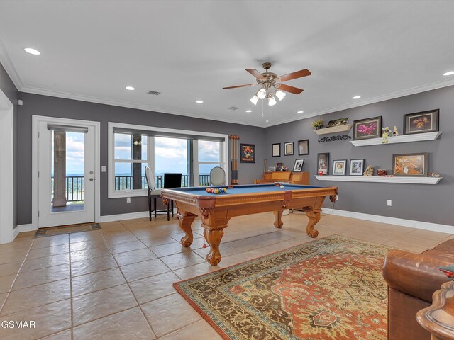 498 Proffitt Ridge Rd, Mooresburg, TN 37811 - recreation room featuring billiards table, light tile patterned floors, ceiling fan, crown molding, and recessed lighting