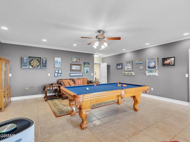 498 Proffitt Ridge Rd, Mooresburg, TN 37811 - recreation room with recessed lighting, light tile patterned floors, a ceiling fan, pool table, and ornamental molding