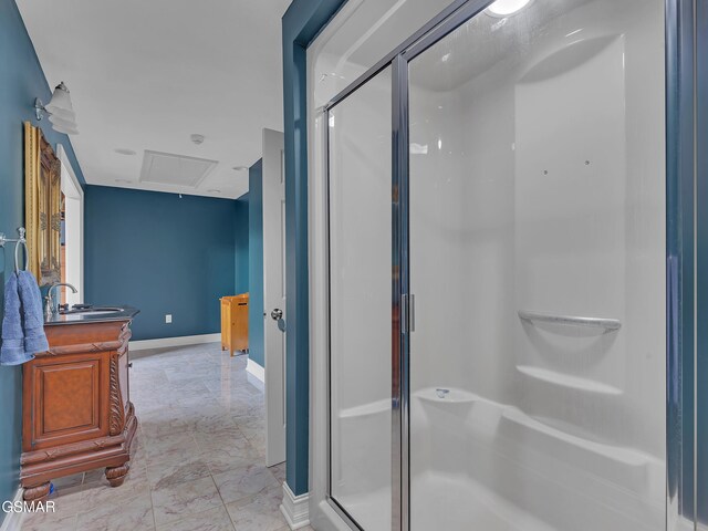 498 Proffitt Ridge Rd, Mooresburg, TN 37811 - bathroom featuring marble look tile flooring, a shower stall, and vanity