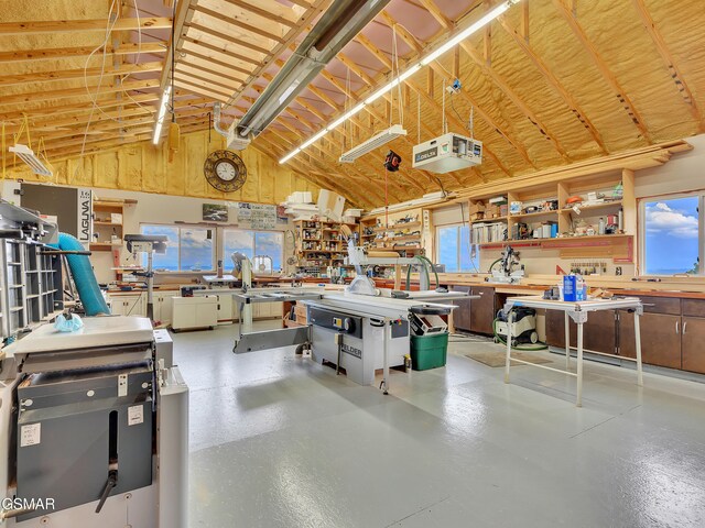 498 Proffitt Ridge Rd, Mooresburg, TN 37811 - miscellaneous room featuring a workshop area, lofted ceiling, and concrete flooring