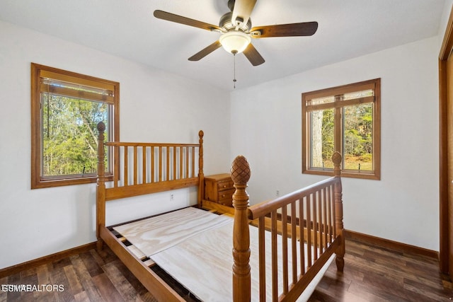 bedroom featuring ceiling fan, dark hardwood / wood-style flooring, and multiple windows