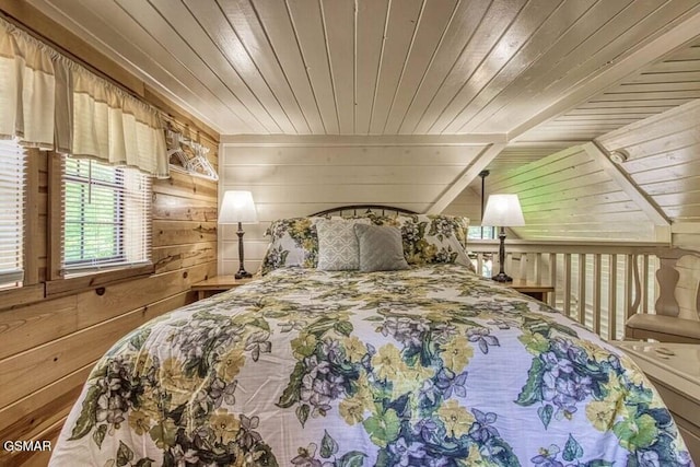 bedroom featuring wood walls and wooden ceiling