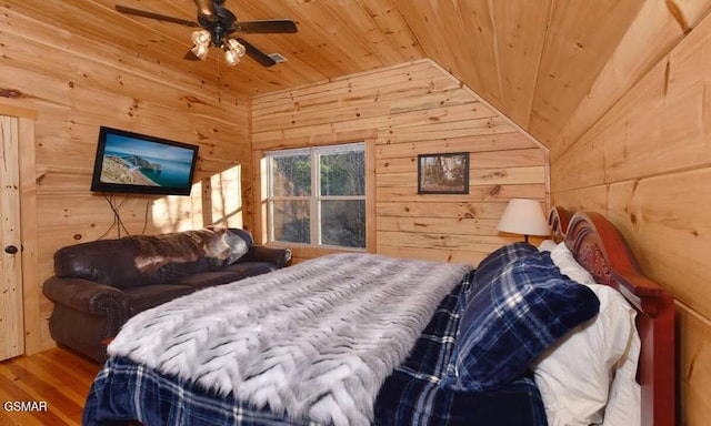 bedroom with hardwood / wood-style flooring, ceiling fan, wooden ceiling, and wood walls