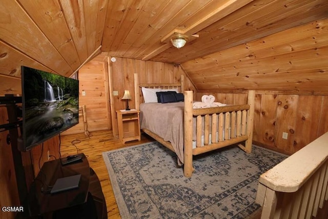 bedroom with lofted ceiling, wooden ceiling, and wooden walls