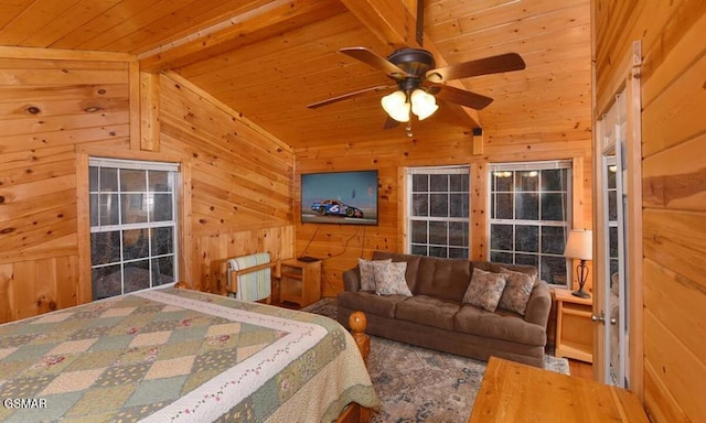 bedroom with lofted ceiling with beams, wood walls, and wooden ceiling