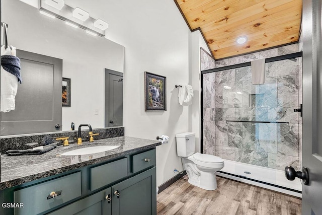 1105 Center St # 2, Sevierville, TN 37862 - bathroom with vanity, a stall shower, wood finished floors, and wood ceiling
