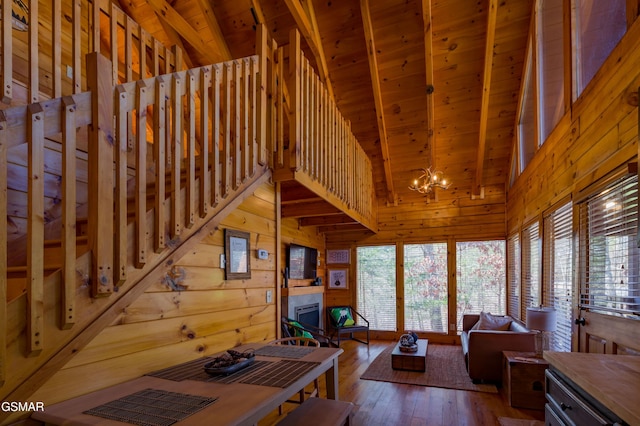 3214 Bear Country Way, Sevierville, TN 37876 - living area with a fireplace, wood walls, a chandelier, hardwood / wood-style floors, and wooden ceiling