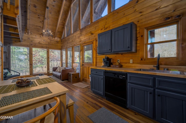 3214 Bear Country Way, Sevierville, TN 37876 - kitchen featuring dishwasher, wooden ceiling, a sink, dark wood finished floors, and wood walls
