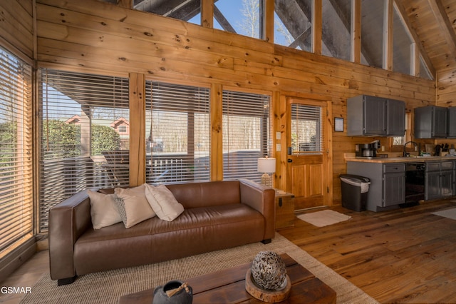3214 Bear Country Way, Sevierville, TN 37876 - living area featuring wood finished floors, wood walls, high vaulted ceiling, and beam ceiling