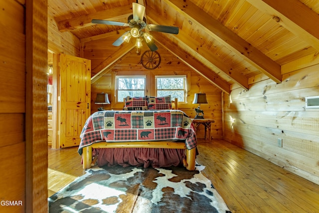 bedroom featuring wooden walls, wooden ceiling, lofted ceiling with beams, and wood-type flooring