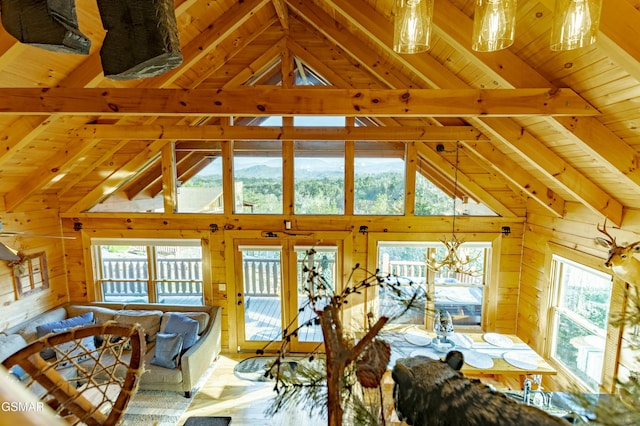 interior space with beamed ceiling, wood walls, wooden ceiling, and a healthy amount of sunlight