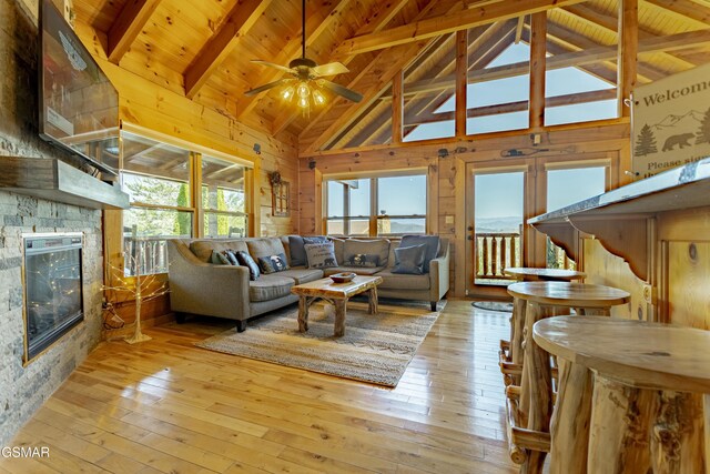 living area featuring a fireplace, wooden ceiling, and hardwood / wood-style floors