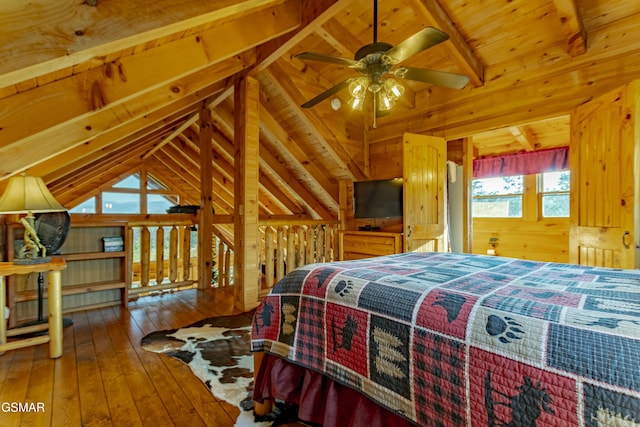 bedroom featuring wooden walls, wooden ceiling, vaulted ceiling with beams, and hardwood / wood-style flooring