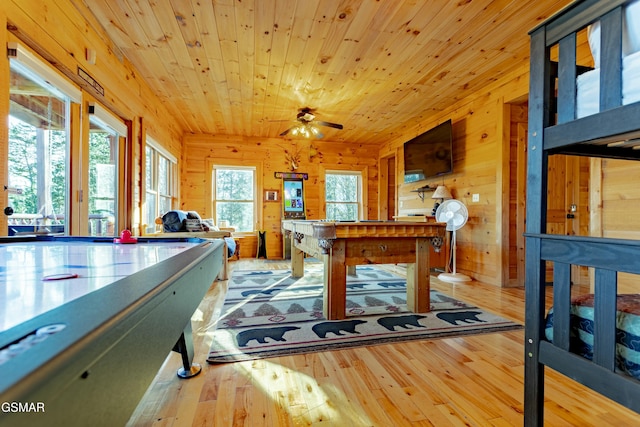 game room featuring wooden ceiling, wooden walls, a ceiling fan, and wood-type flooring