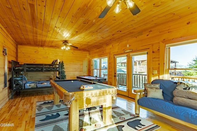 game room with a wealth of natural light, wooden ceiling, a ceiling fan, and wood-type flooring