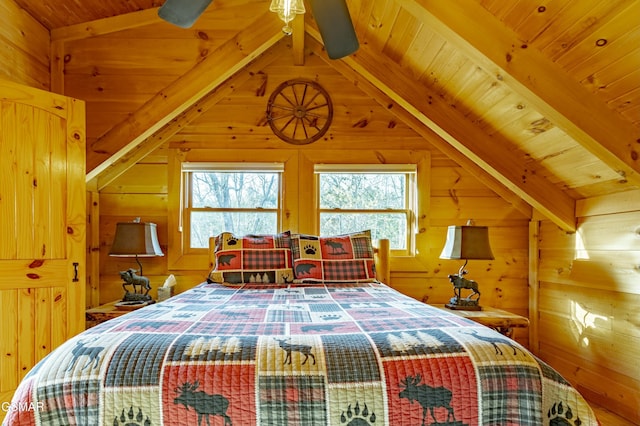 bedroom featuring multiple windows, wooden ceiling, and vaulted ceiling with beams