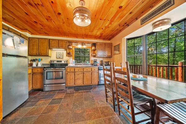 kitchen featuring stainless steel appliances and wood ceiling