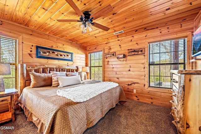 carpeted bedroom with visible vents, wood walls, and wood ceiling