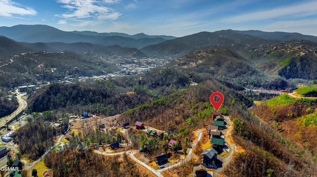 drone / aerial view featuring a mountain view