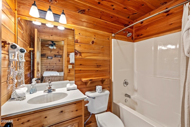 bathroom with toilet, bathtub / shower combination, wood ceiling, and wooden walls