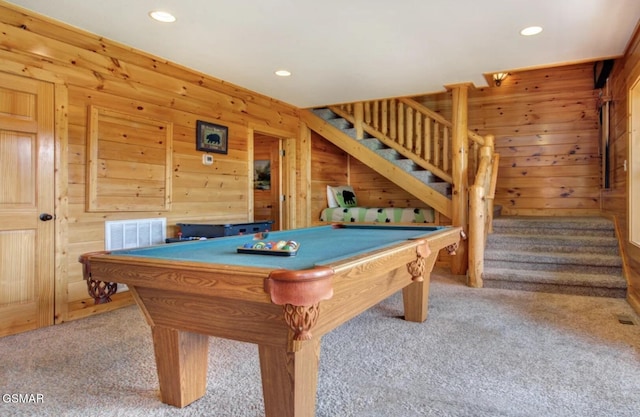 playroom with recessed lighting, wood walls, and carpet floors