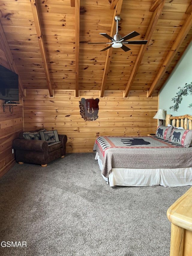 carpeted bedroom featuring wooden ceiling, wooden walls, and beam ceiling