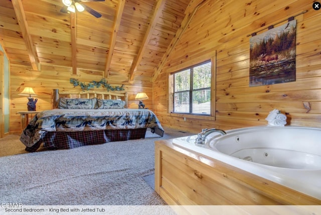 bedroom with wood ceiling, lofted ceiling with beams, wood walls, and carpet