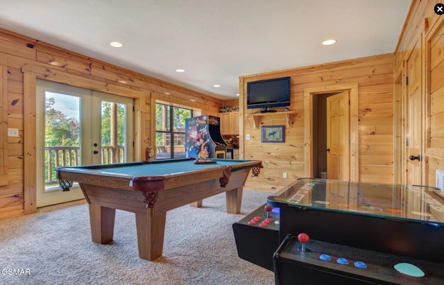 playroom featuring recessed lighting, billiards, wood walls, and carpet floors
