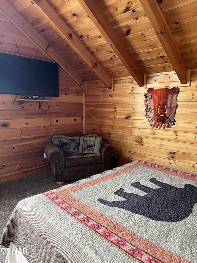bedroom with wooden walls, carpet, beamed ceiling, and wood ceiling