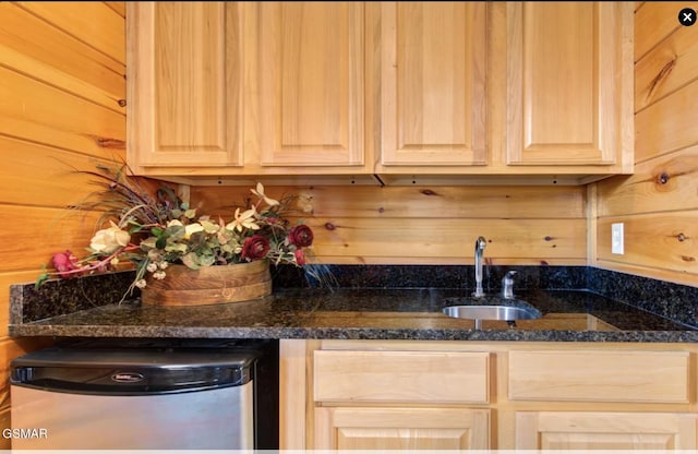 kitchen featuring a sink, stainless steel dishwasher, wooden walls, and light brown cabinets