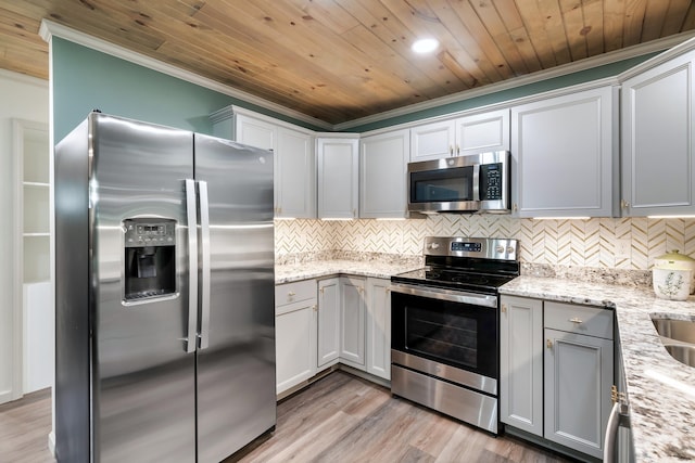 kitchen featuring wooden ceiling, light wood-style flooring, appliances with stainless steel finishes, backsplash, and light stone countertops