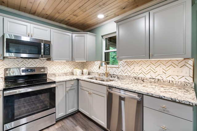 kitchen with wood ceiling, a sink, light stone countertops, stainless steel appliances, and backsplash