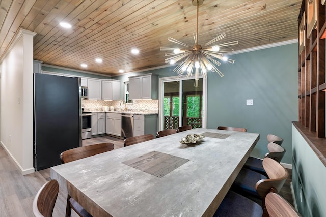 dining room featuring wood ceiling, baseboards, ornamental molding, light wood-type flooring, and an inviting chandelier