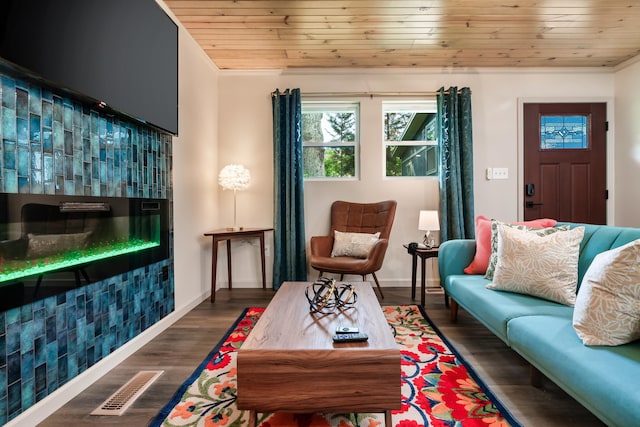 living room featuring baseboards, wood ceiling, visible vents, and wood finished floors