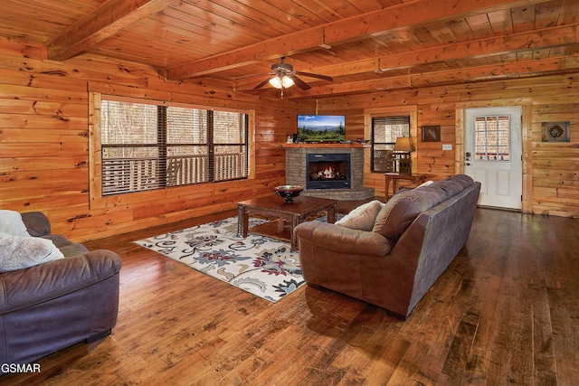 living area with wooden ceiling, wood-type flooring, wood walls, and beam ceiling